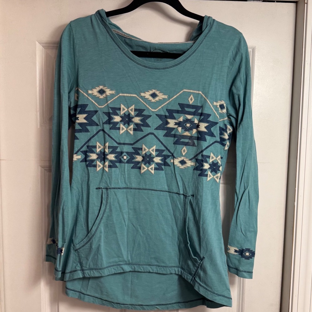 Legacy Falls Womens Teal Aztec Southwestern Hooded Long Sleeve Cotton Shirt L